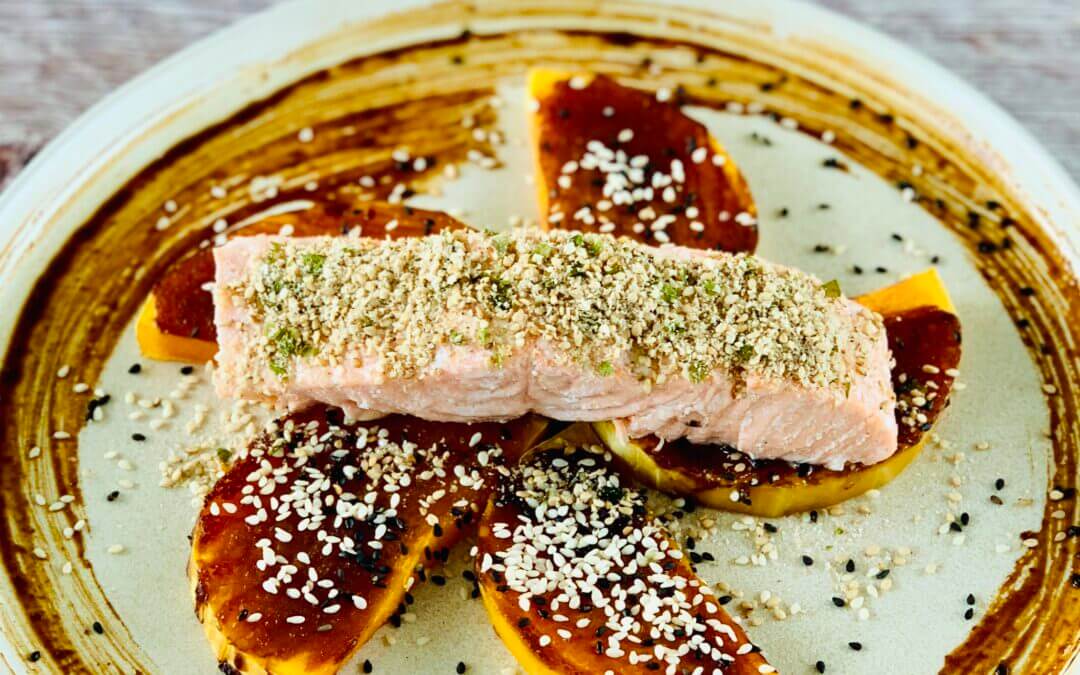 Ofenkürbis und Lachs Asia Stile
