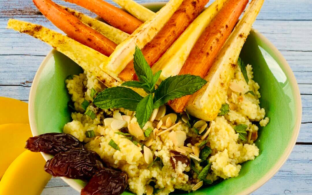 Orientalische Mango Couscous Bowl mit Ofen Wurzelgemüse