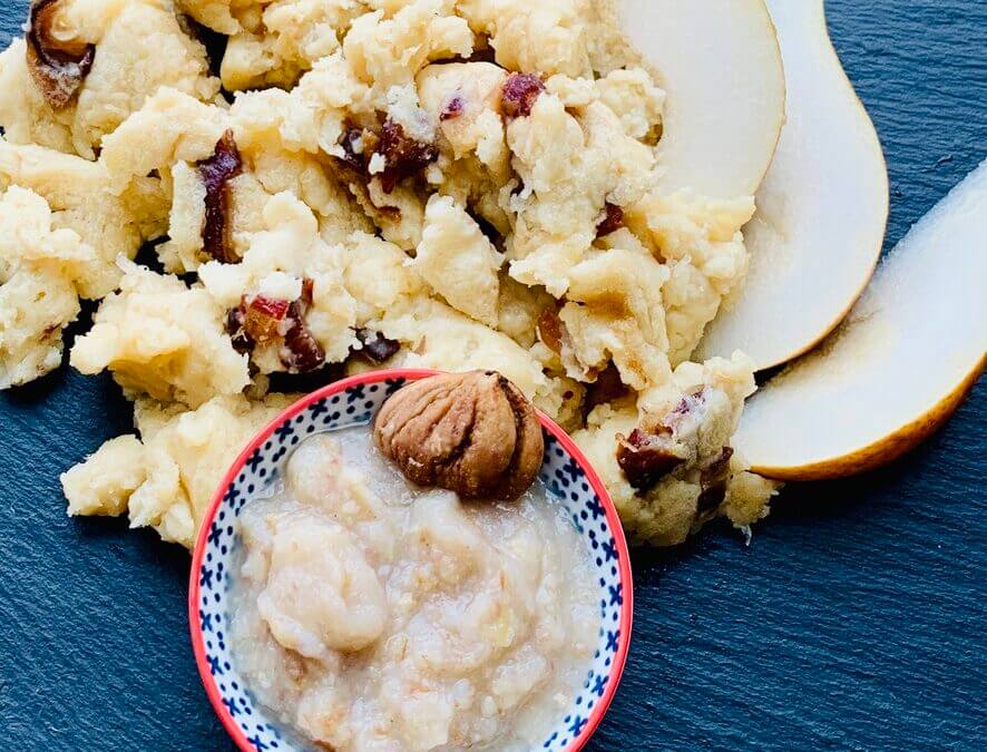 Aquafaba Dattel Kaiserschmarrn mit Birnen Maronenmus