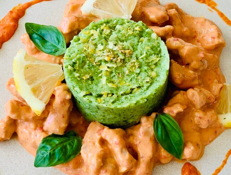 Ajvar Sojageschnetzeltes mit Brokkoli Zitronen Püree