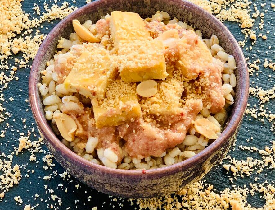 Gerstenporridge mit Ananas Cranberry Erdnuss Chutney und Seitan