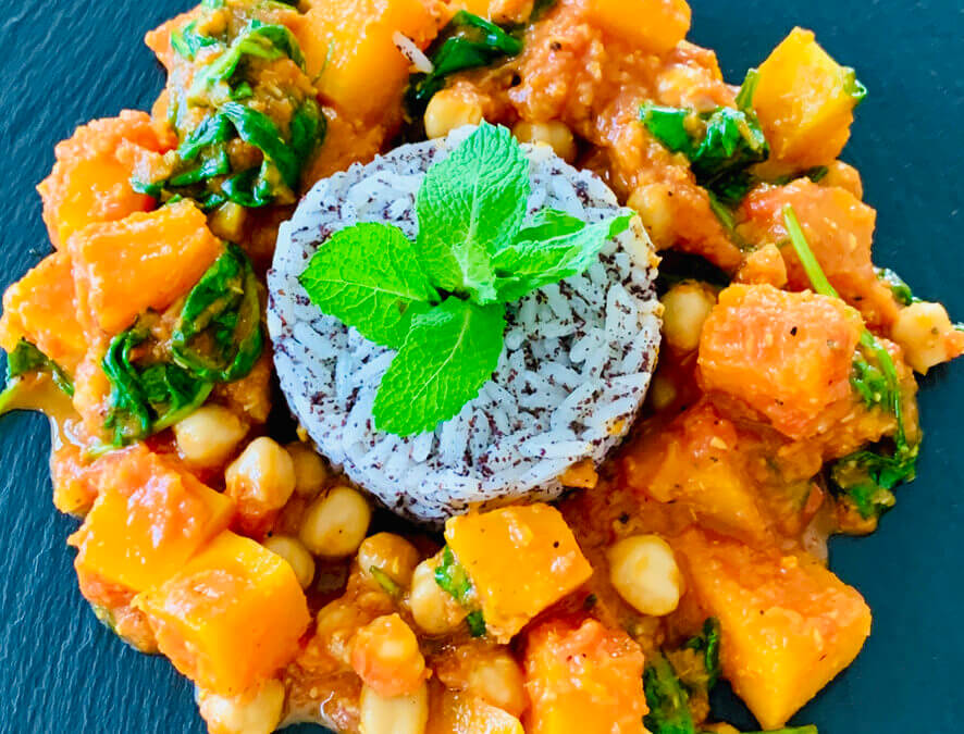 Kürbis Kichererbsen Curry mit Mohn Reis