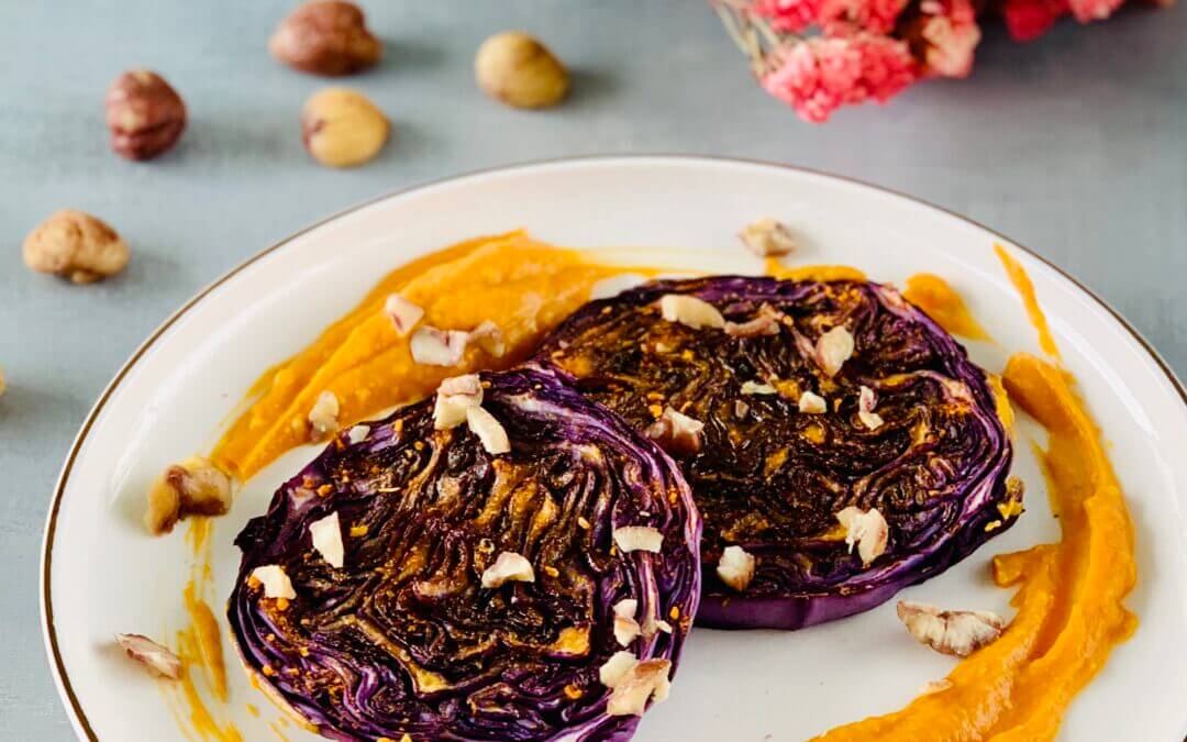 Rotkohl Steak mit Maronen Kürbis Püree